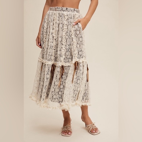 Lace & Velvet Layered Tiered Midi Skirt with Bows - Listicle - Picture 7 of 7